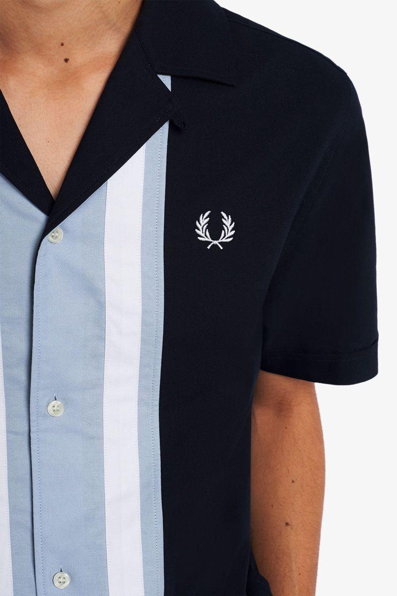 Navy Fred Perry Striped Panel Bowling Men's Shirts | PH 1540PJJQ